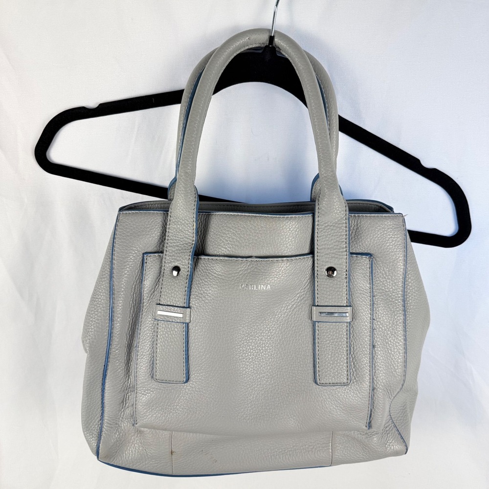 Perlina Gray Leather Satchel Shoulder Bag Blue Trim Y2K‎